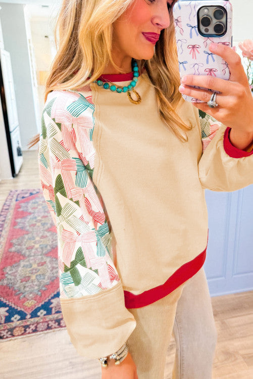 Beige Bowknot Printed Patchwork Raglan Sleeve Colorblock Edge top
