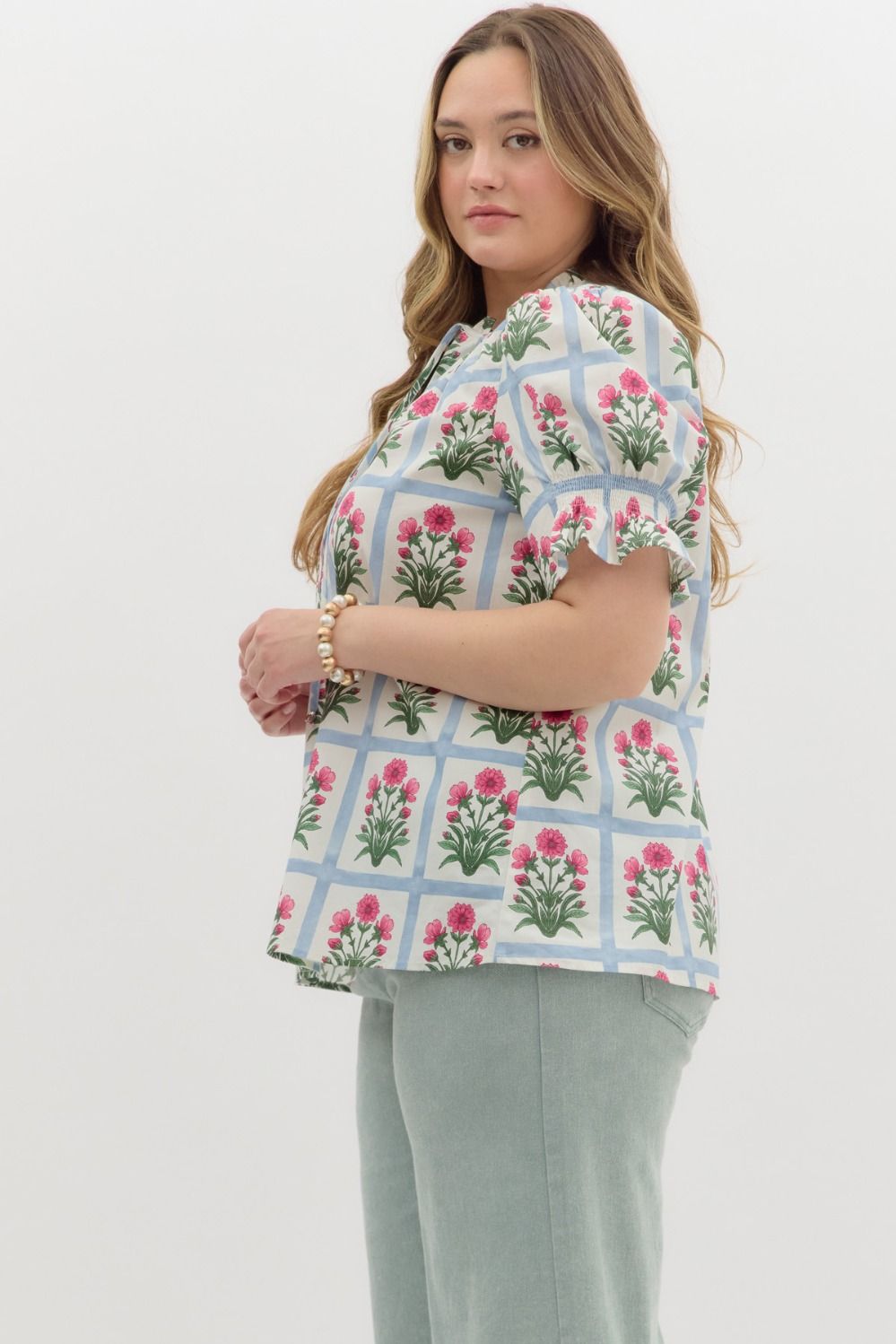 Pink Floral Pattern Puff Sleeve Blouse
