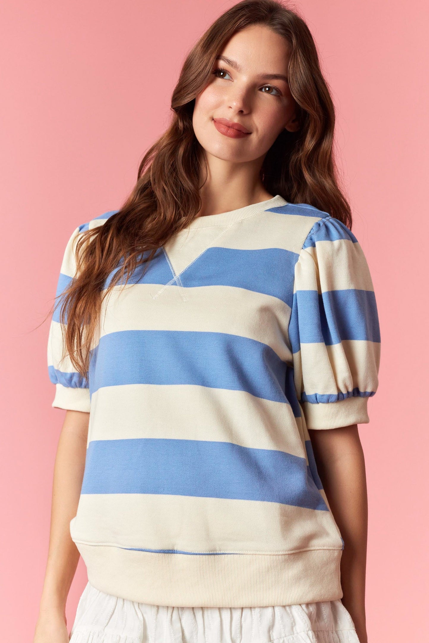 Blue Stripe V Neck Shape Top