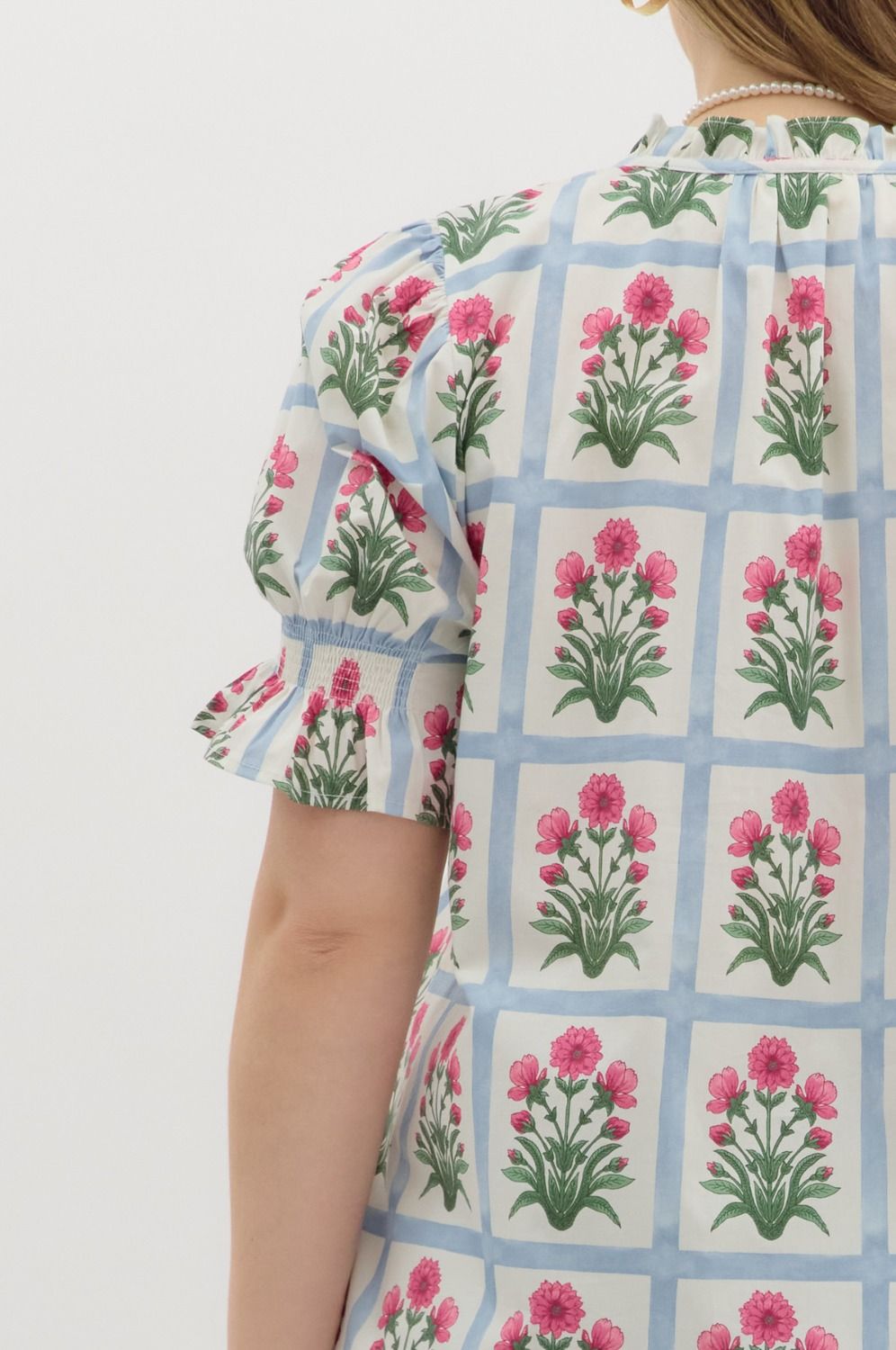 Pink Floral Pattern Puff Sleeve Blouse