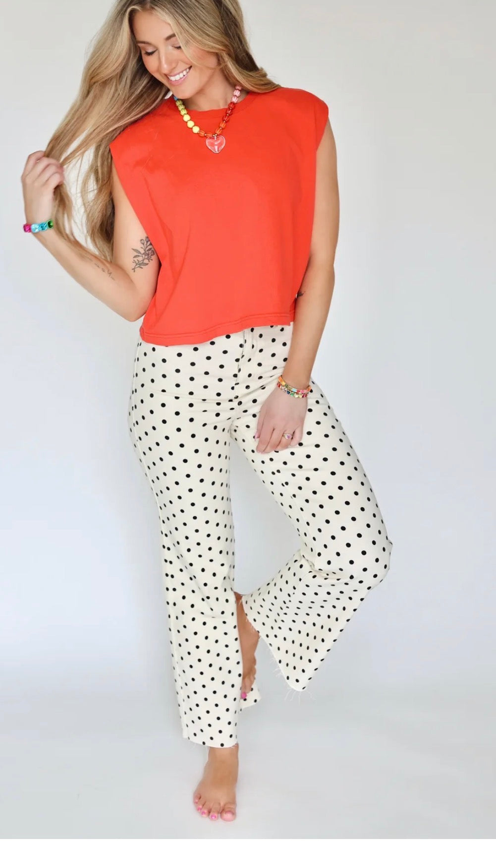 Mini polka dot ivory stretch denim pants