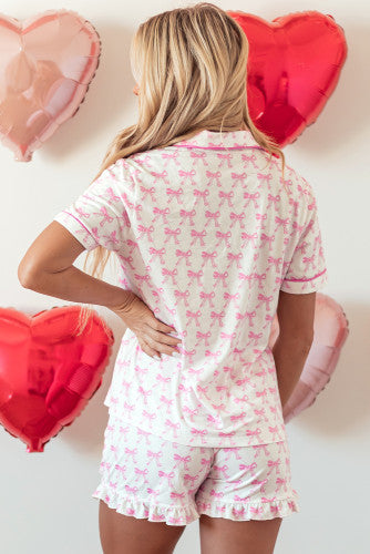 Pink Bowknot Short Sleeve and Ruffled Shorts Pajama Set