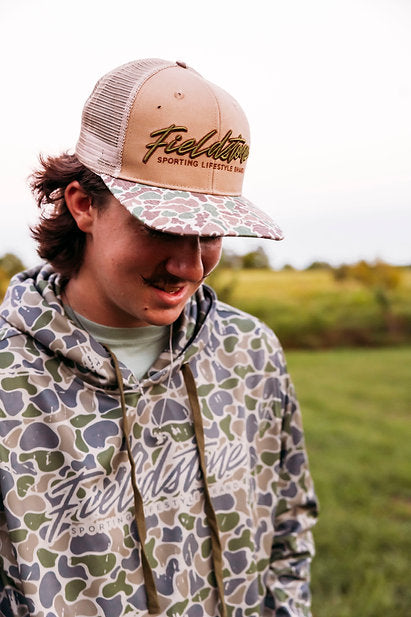 Fieldstone 6 Pannel Script Logo Bill Hat| Camo/Tan