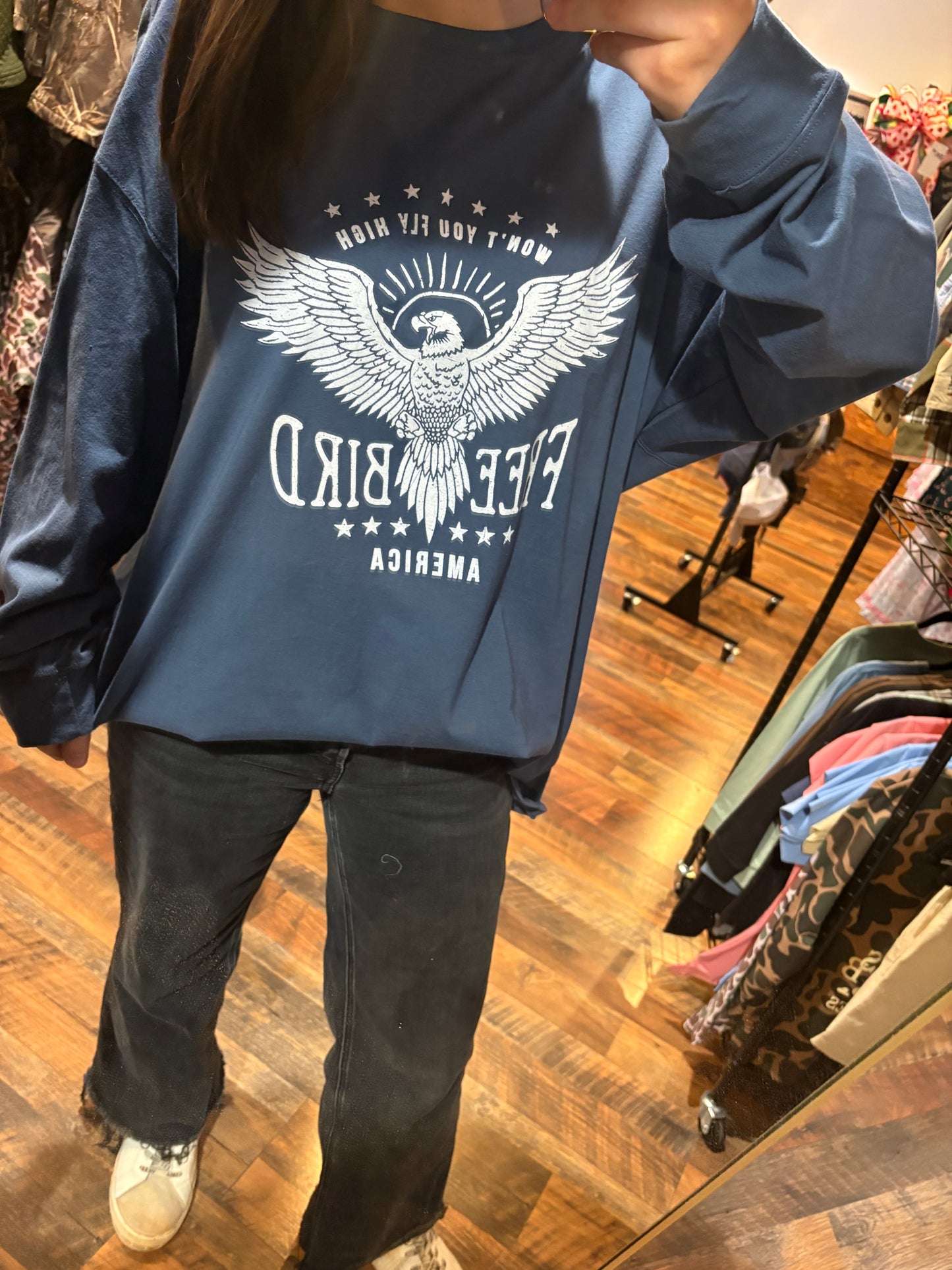 Free Bird Won'T You Fly High Graphic Thermal Pull Over