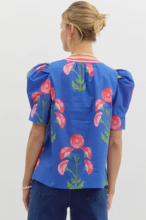 Blue puff sleeve floral blouse