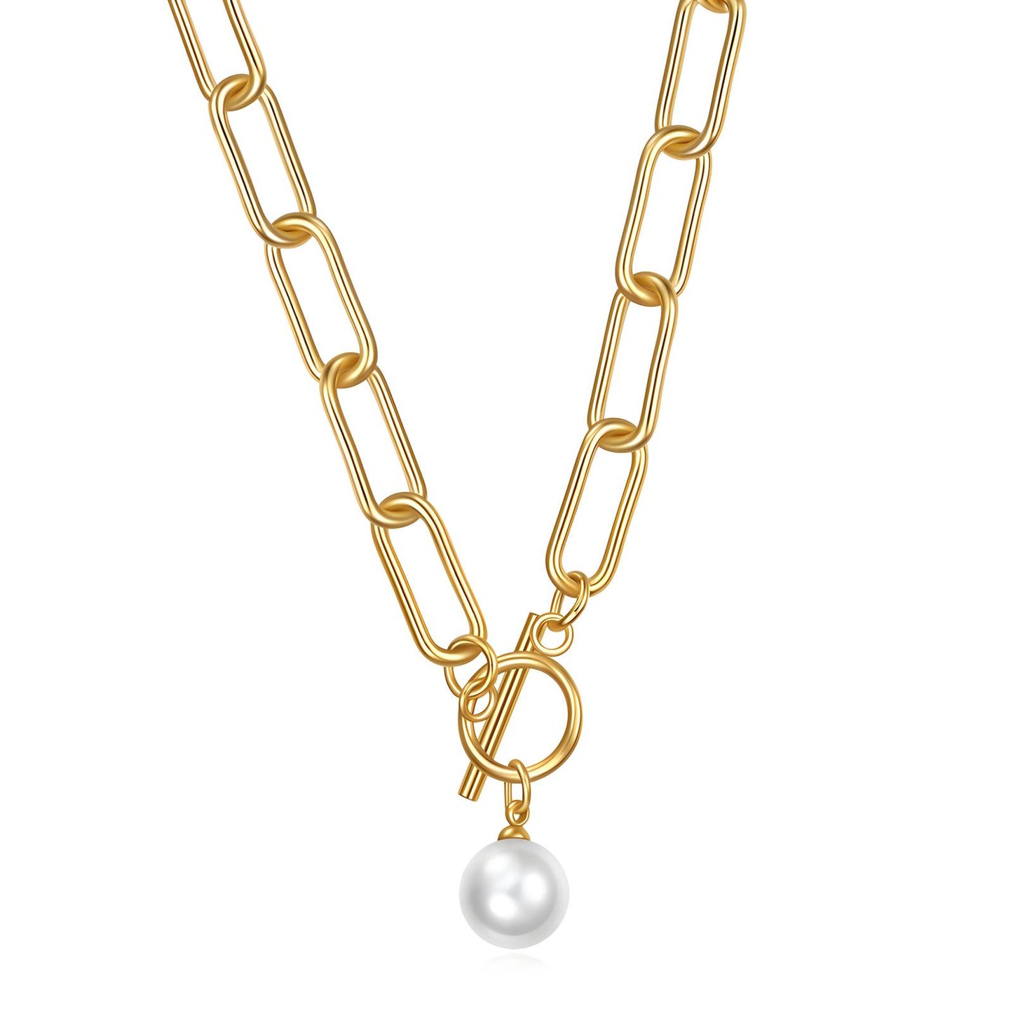 Chained Pearl Clip Necklace 18K Gold Plated Steel