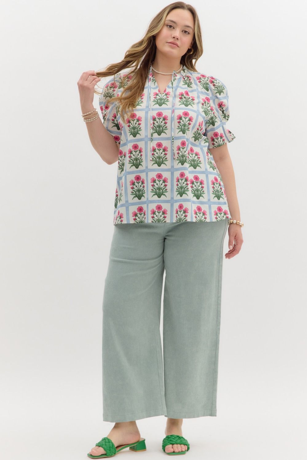 Pink Floral Pattern Puff Sleeve Blouse