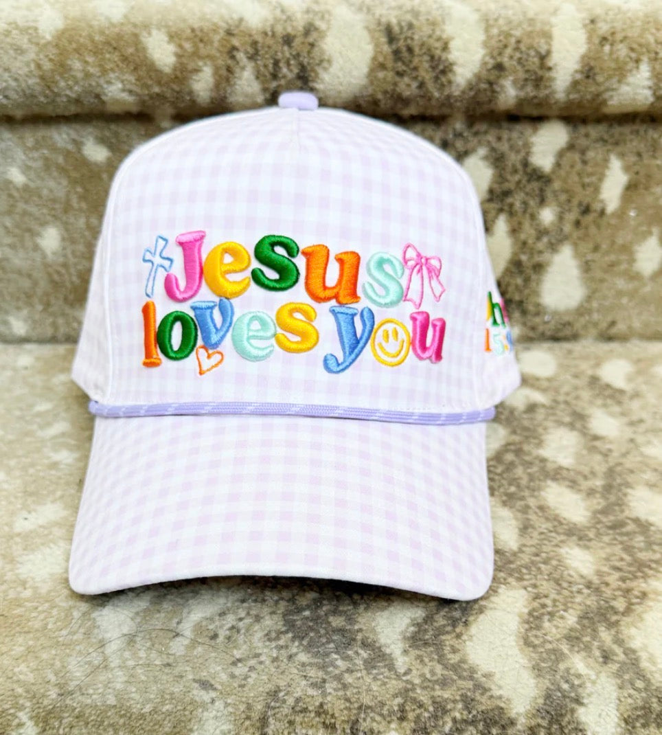 Purple checkered Jesus loves you hat