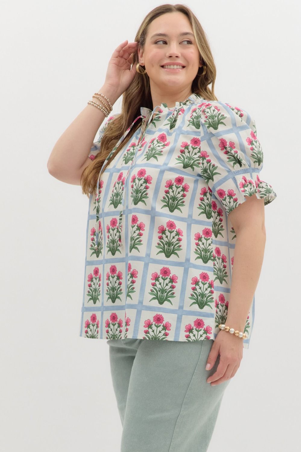 Pink Floral Pattern Puff Sleeve Blouse