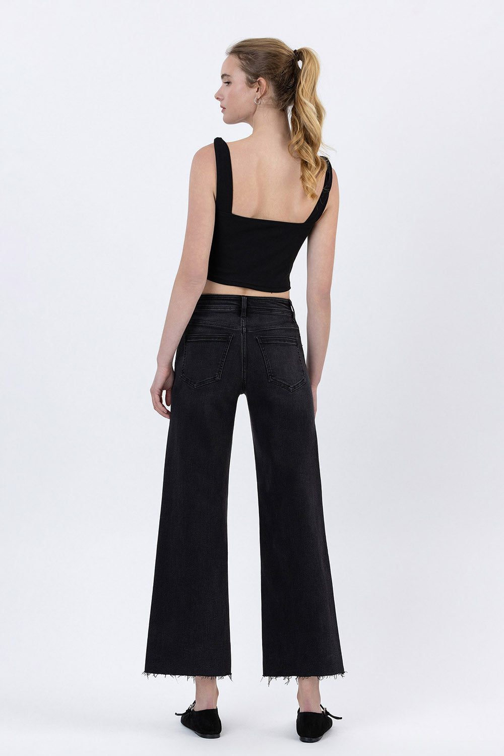 High Rise Raw Hem Ankle Wide Jeans