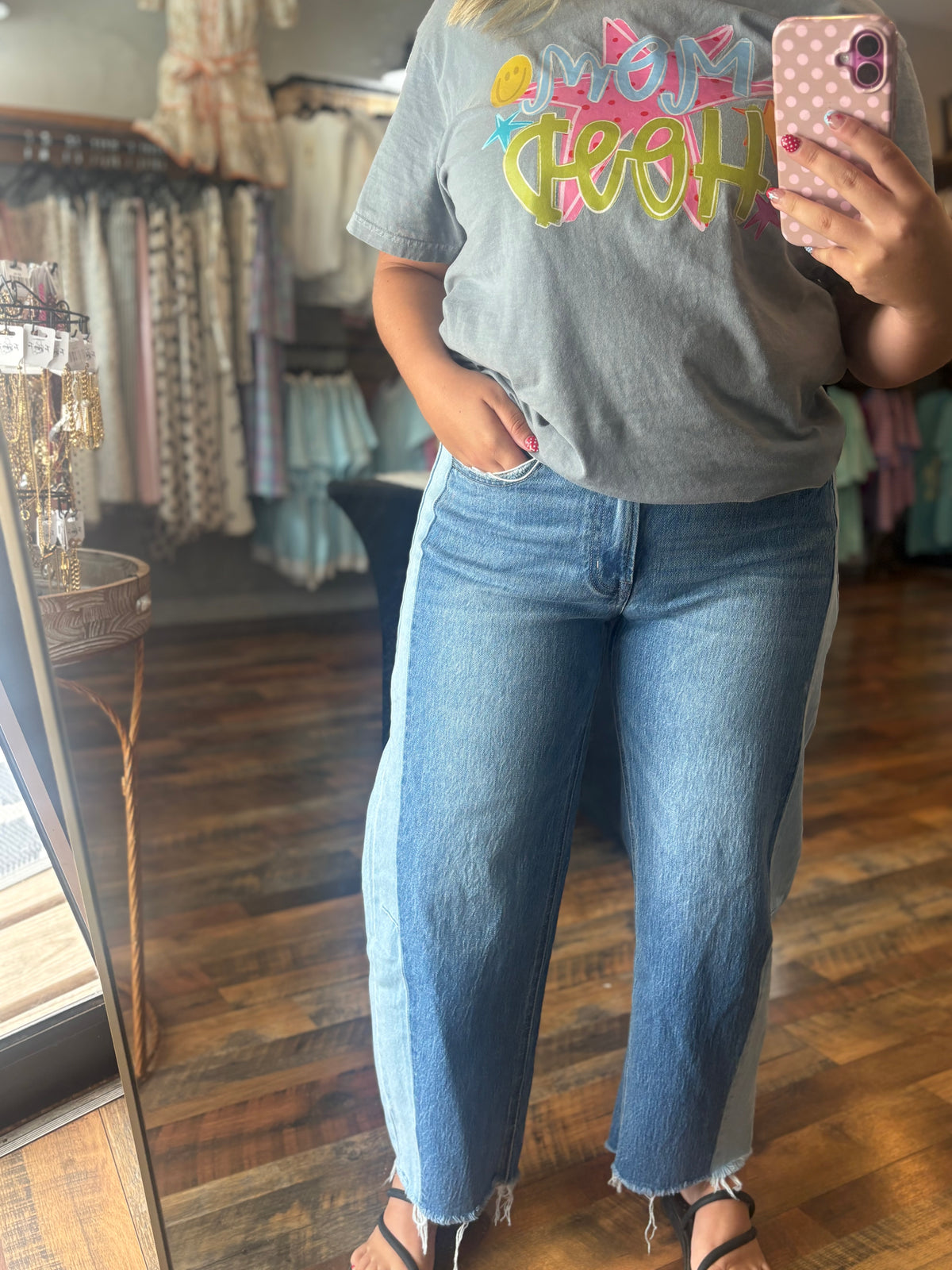 High Rise Two Tone Barrel Jeans