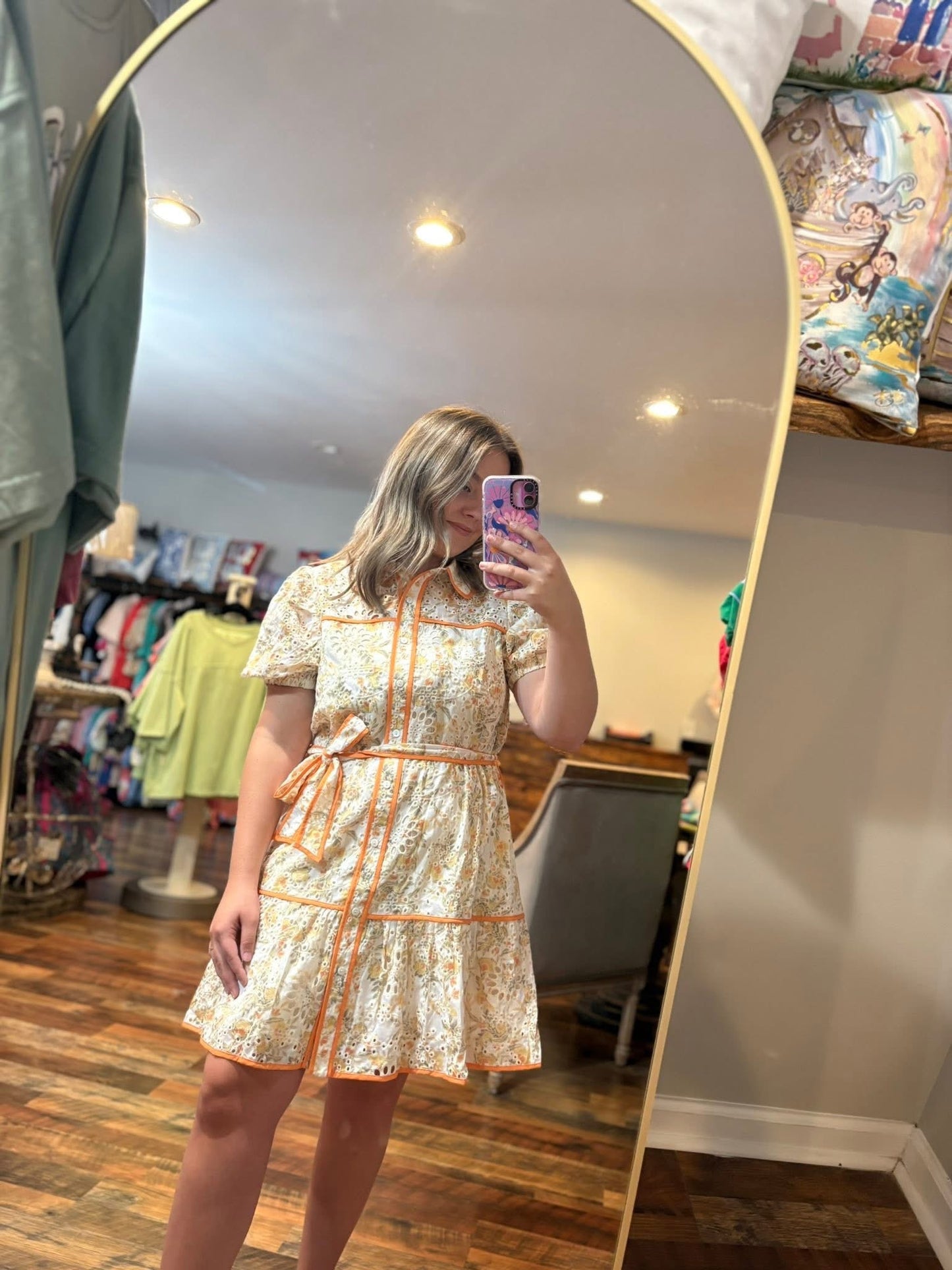 Floral Sleeve Lace Trim Accent Dress