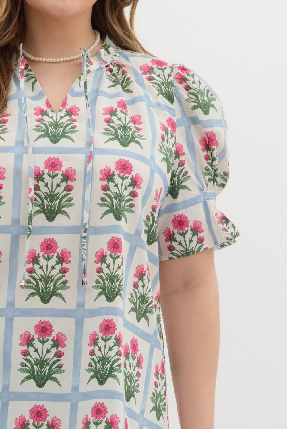 Pink Floral Pattern Puff Sleeve Blouse