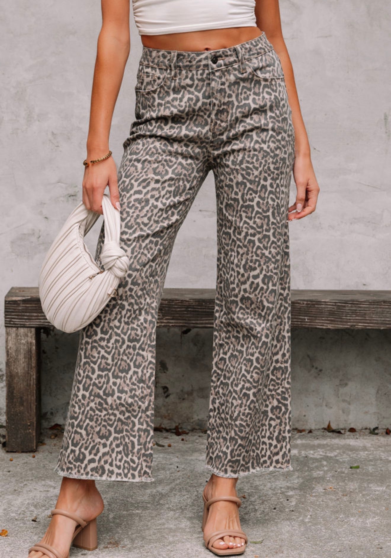 Brown Leopard Frayed Wide Leg High Waist Jeans
