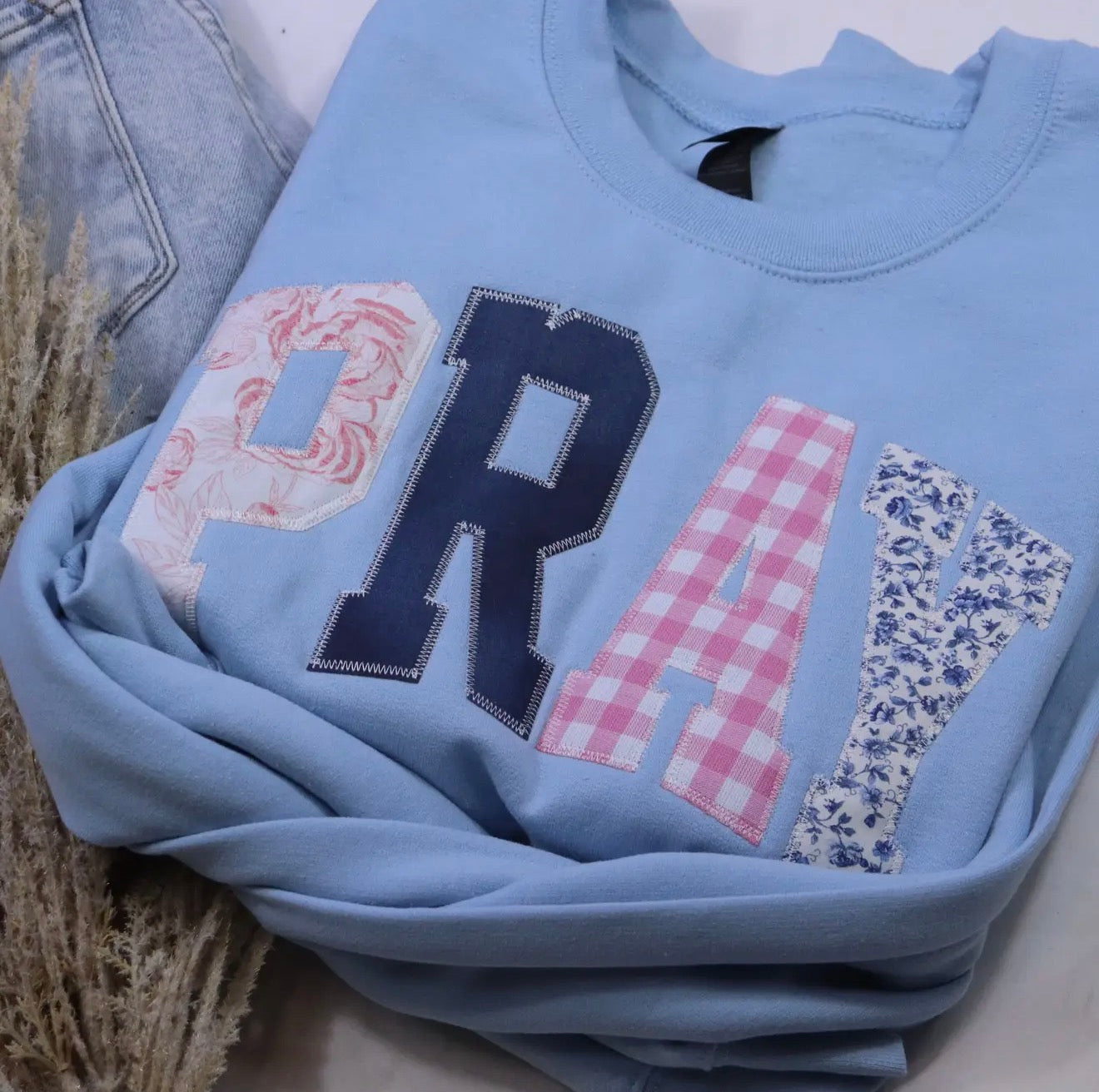 Light Blue Pray stitched sweatshirt