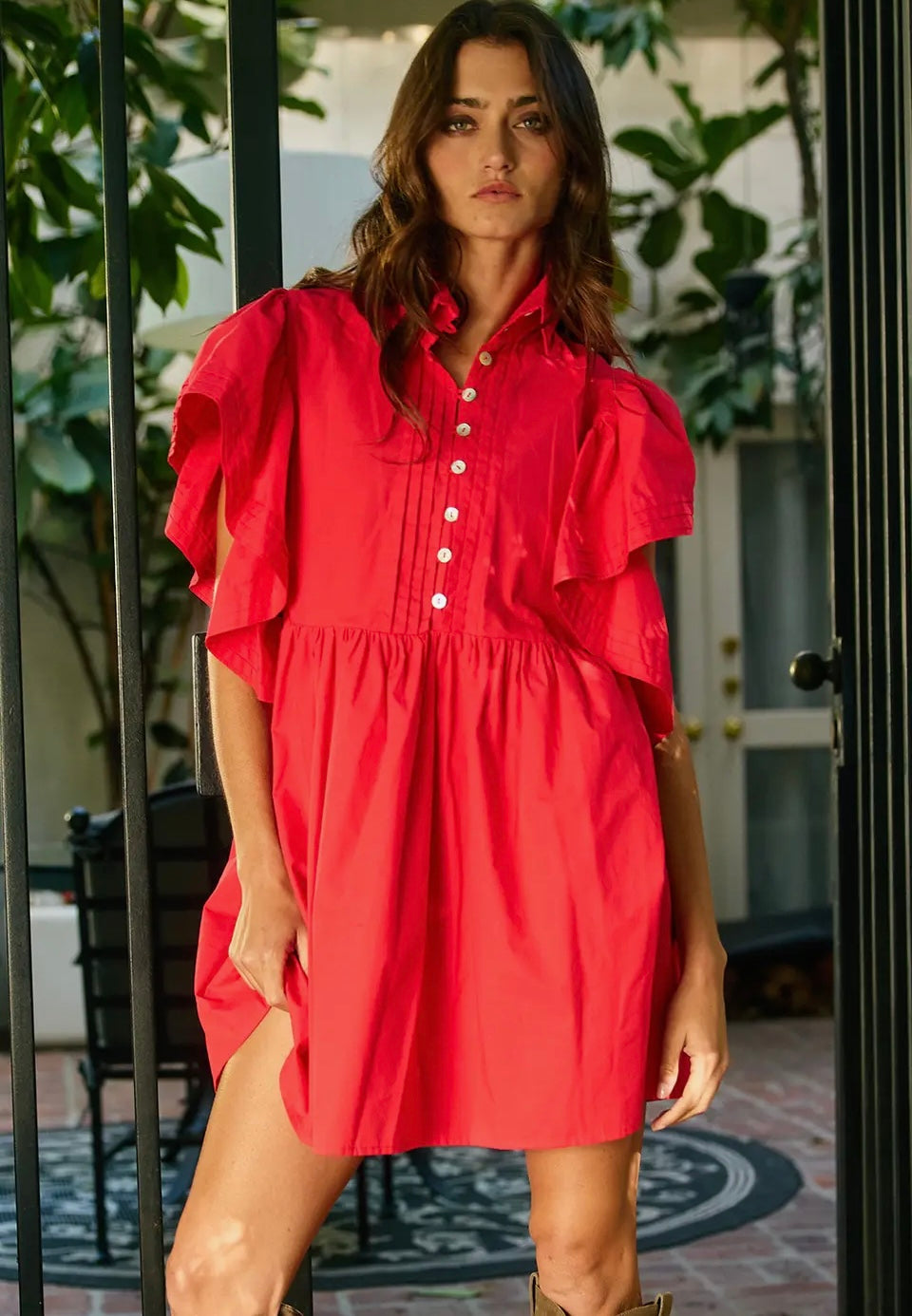 Red Ruffled Sleeve Pintuck Mini Dress
