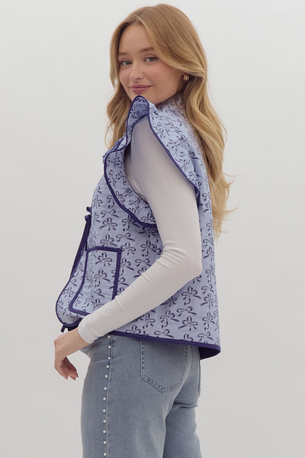Blue Bow Print Contrast Binding Ruffle Vest
