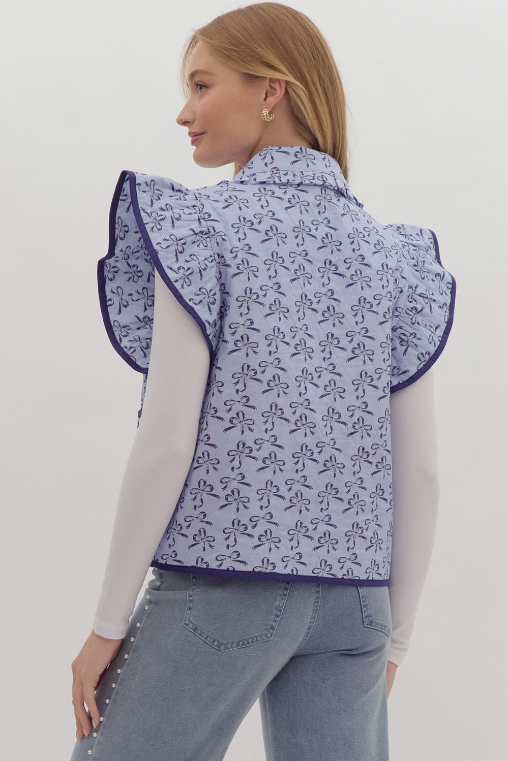 Blue Bow Print Contrast Binding Ruffle Vest