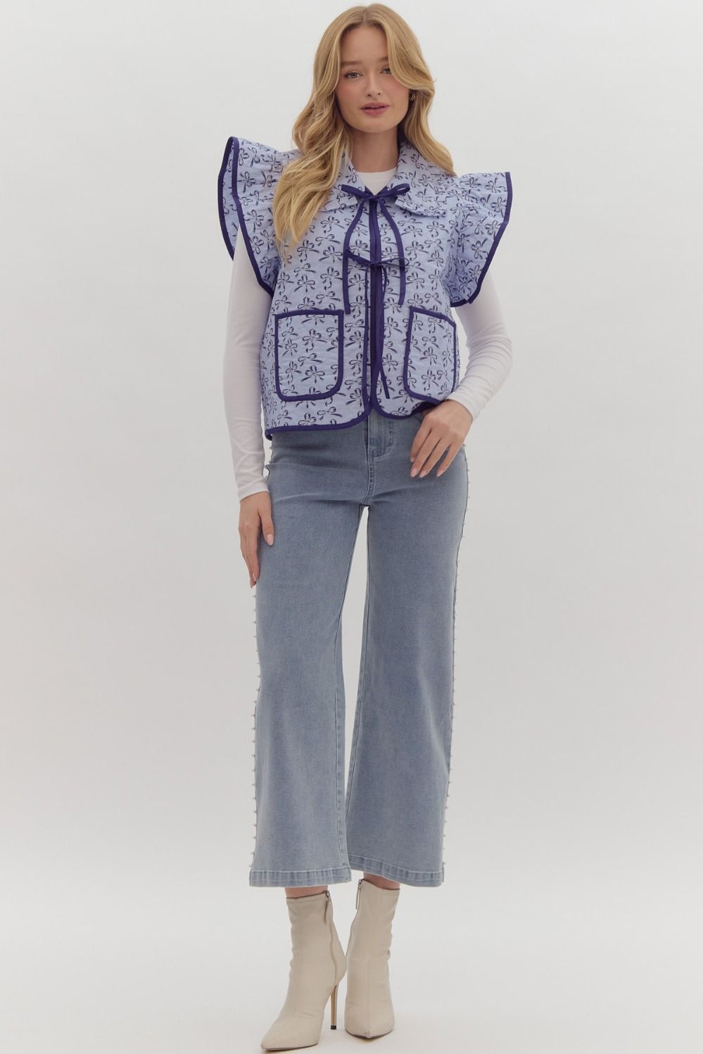 Blue Bow Print Contrast Binding Ruffle Vest