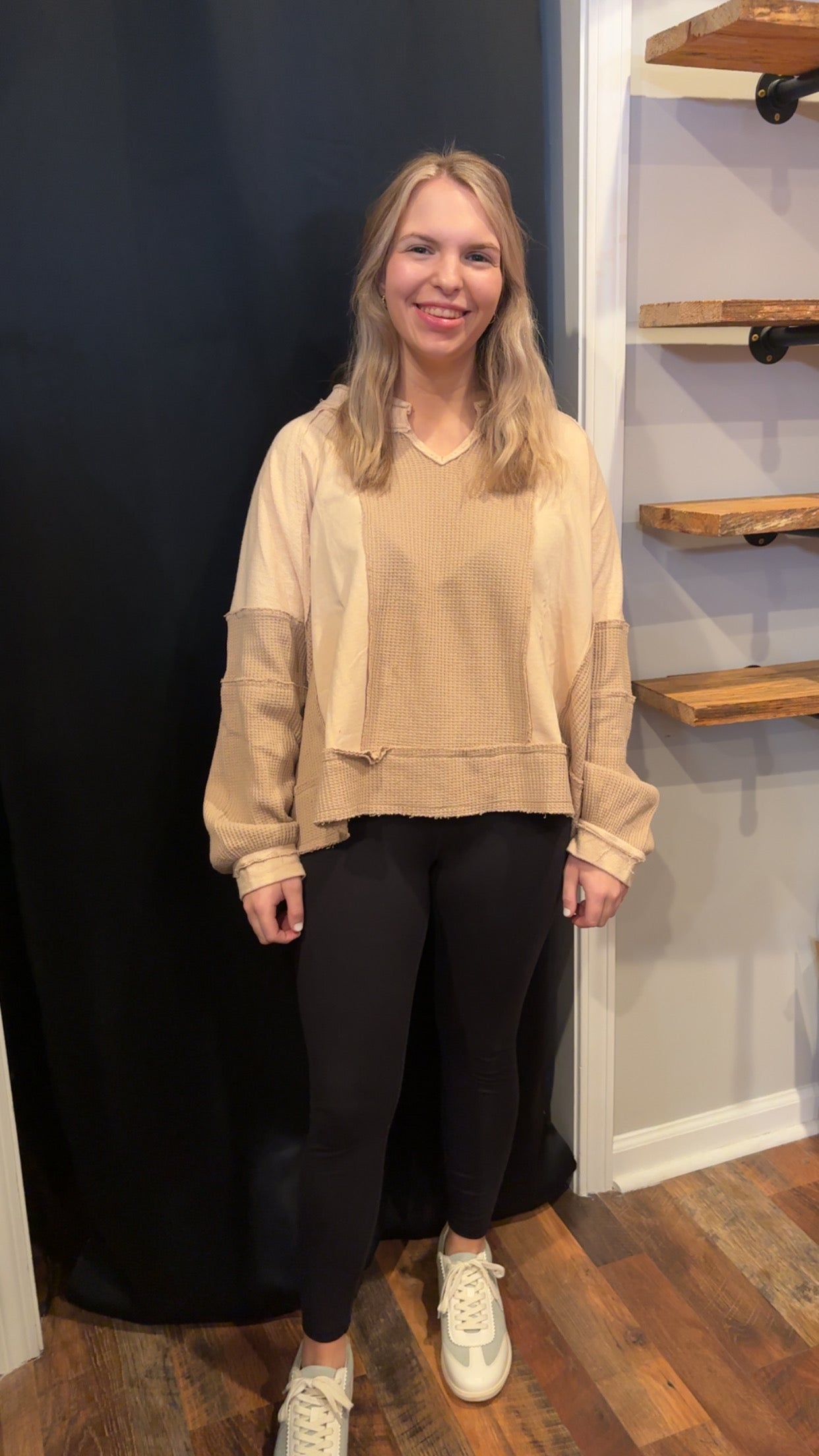 Pol notched neck contrast long sleeve top