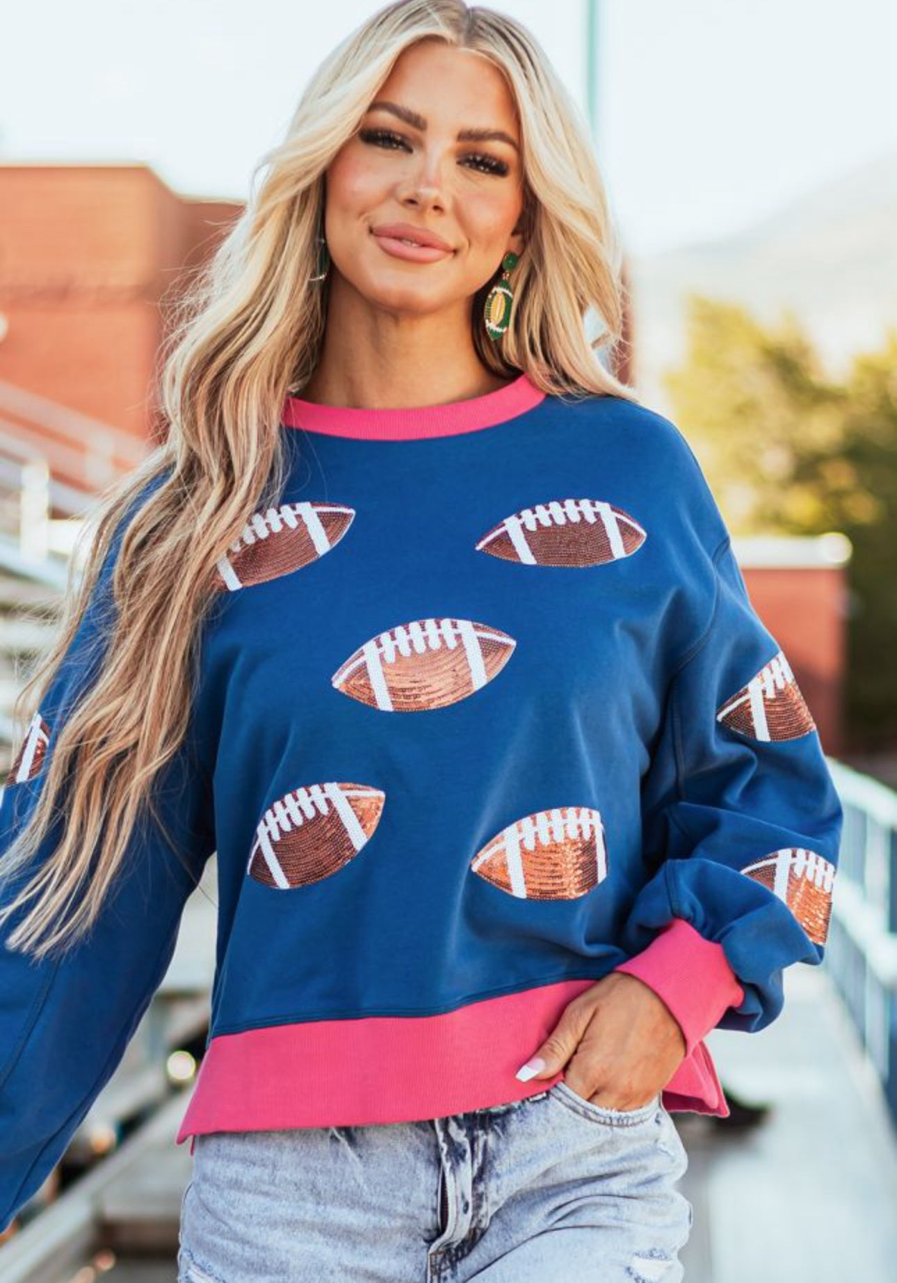 Blue color block sequin football sweatshirt