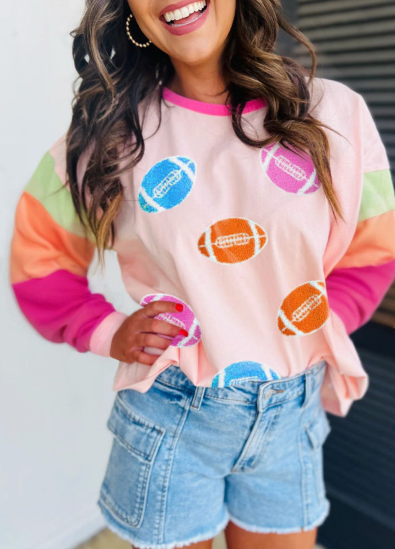 Pink color block football tee
