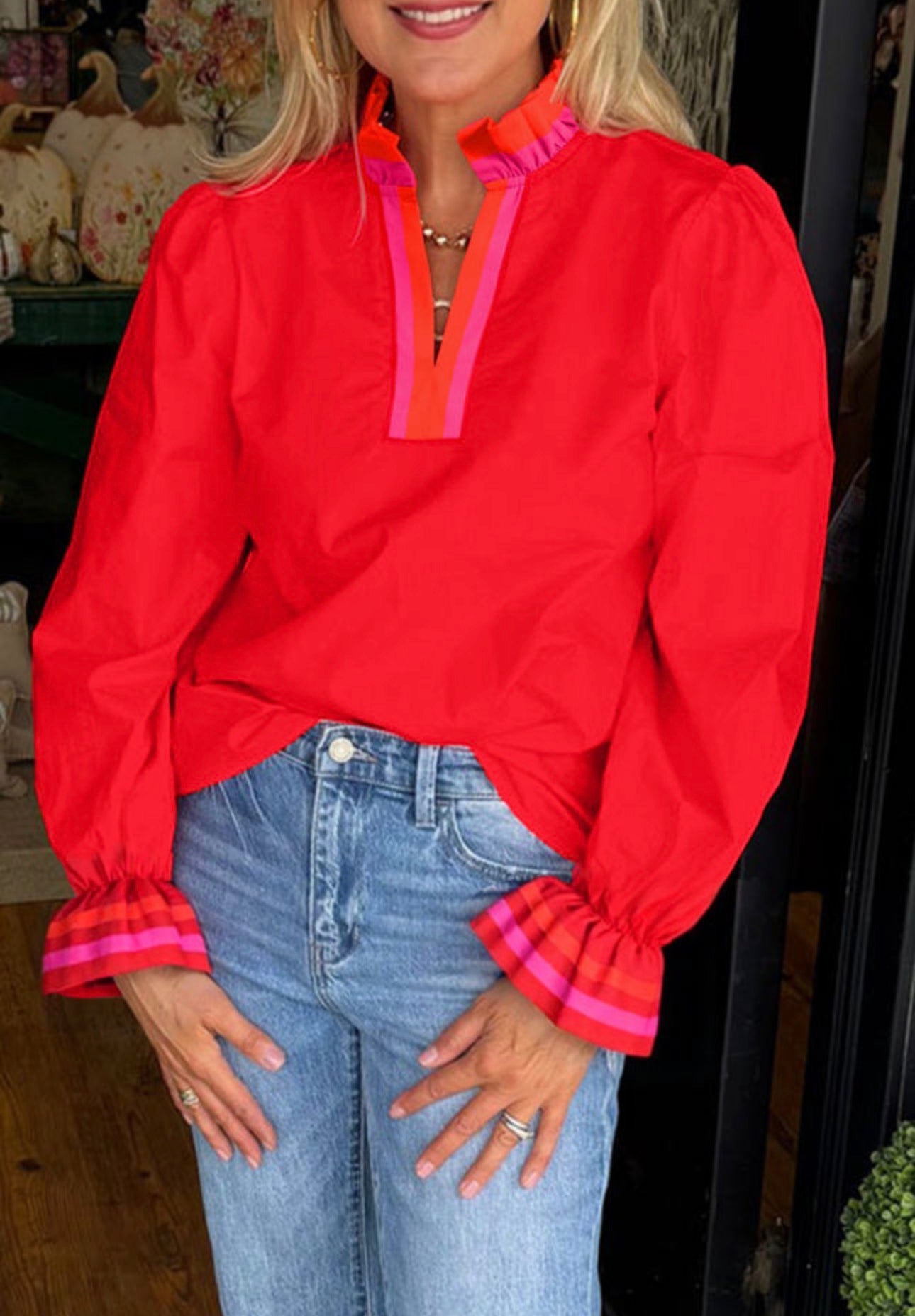 Fiery Red Ruffle Split Neck Blouse