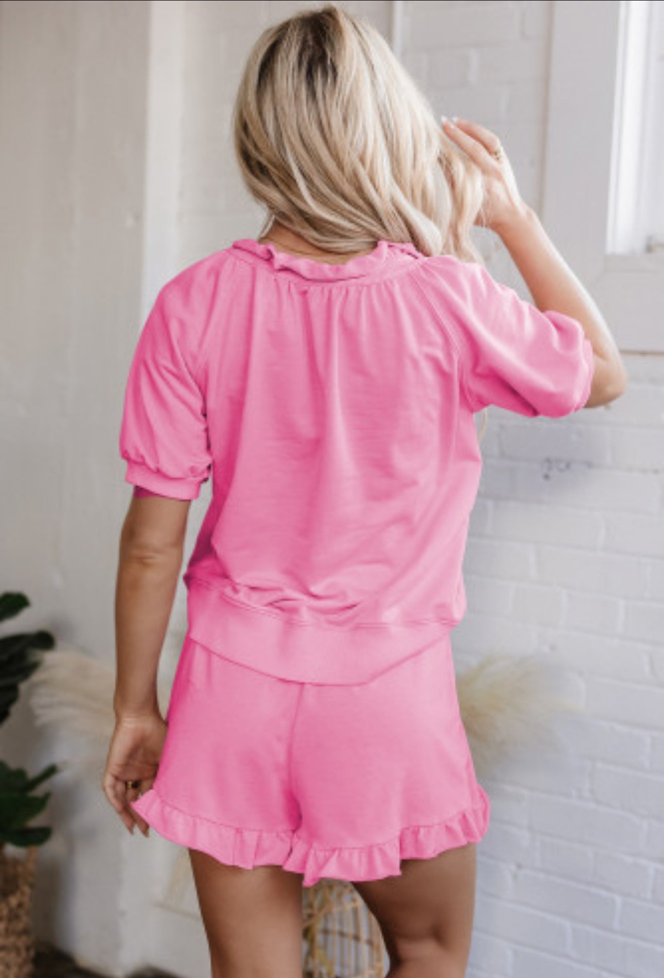 HALF ZIP PUFF SLEEVE TOP & RUFFLED SHORTS SET
