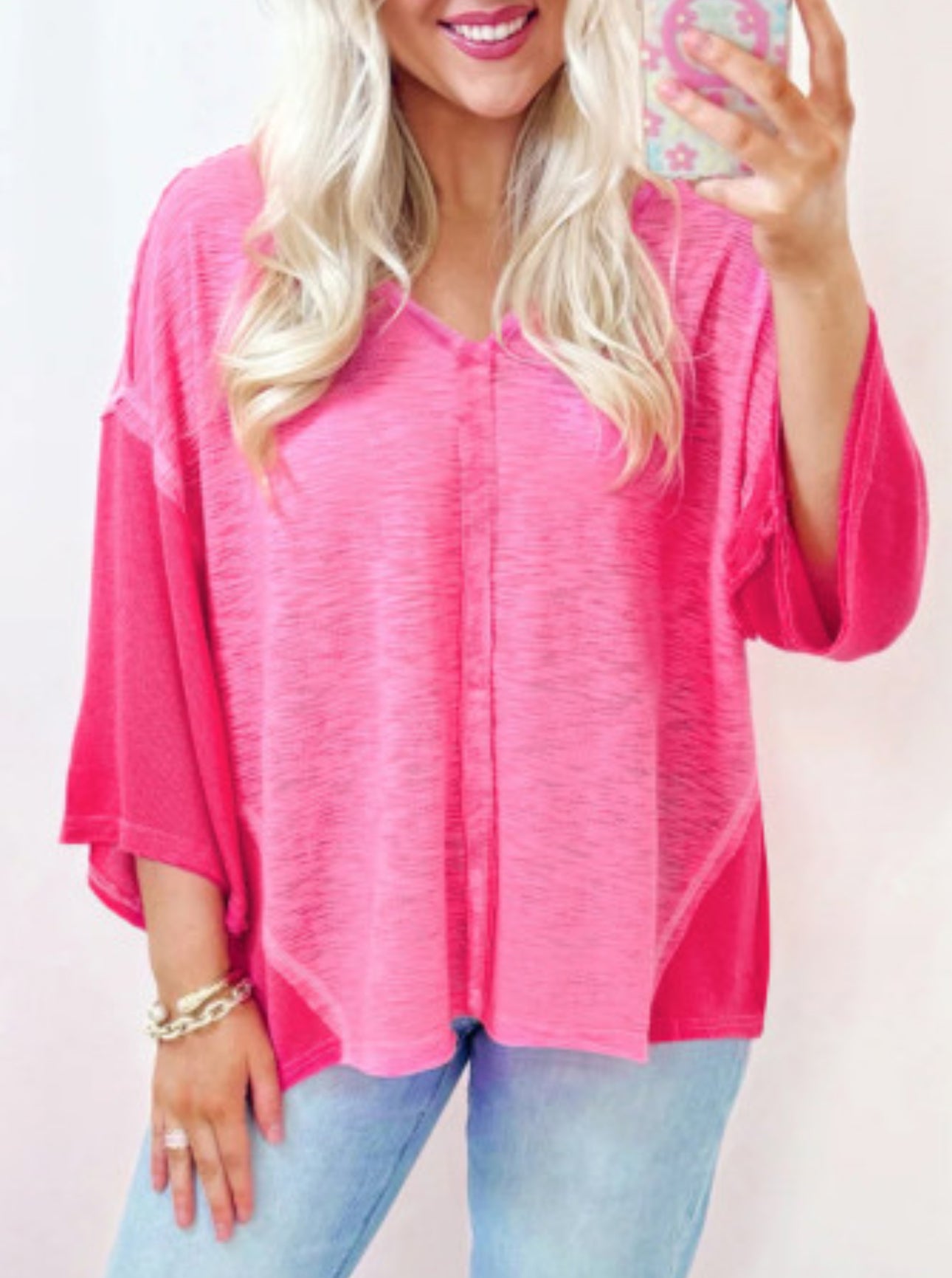 SACHET PINK CONTRAST PATCHWORK 3/4 SLEEVE TOP