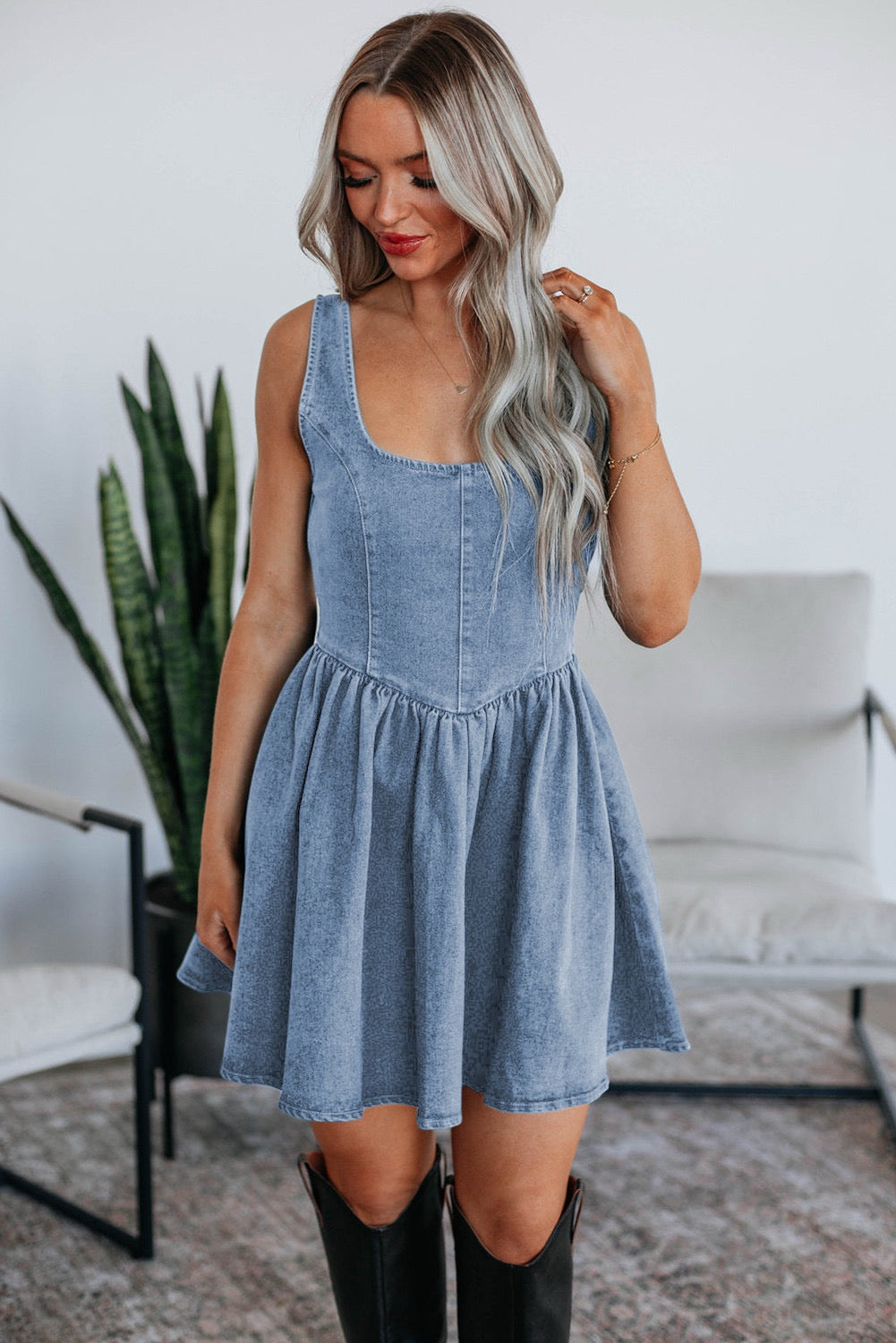 Myosotis Square Neck Bowknot Denim Dress
