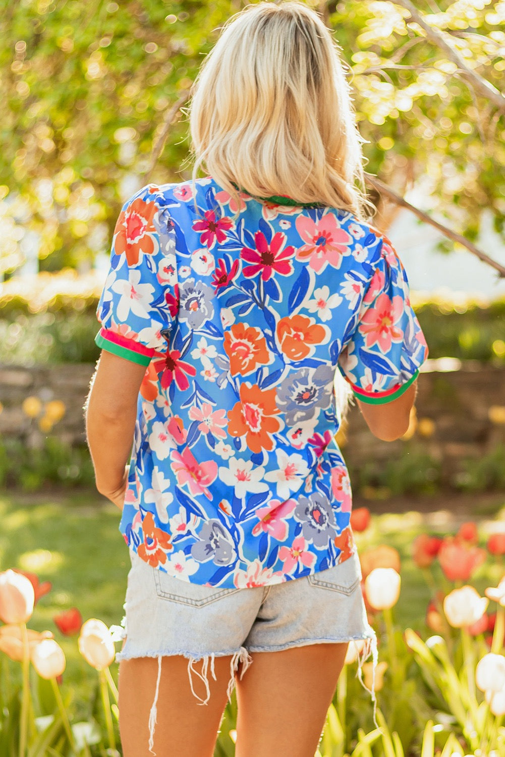 Sky Blue Floral Puff Sleeve Blouse