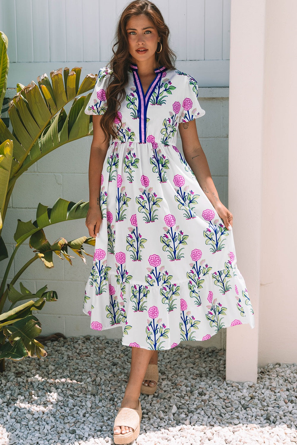 White Floral Puff Short Sleeve V Neck Maxi Dress
