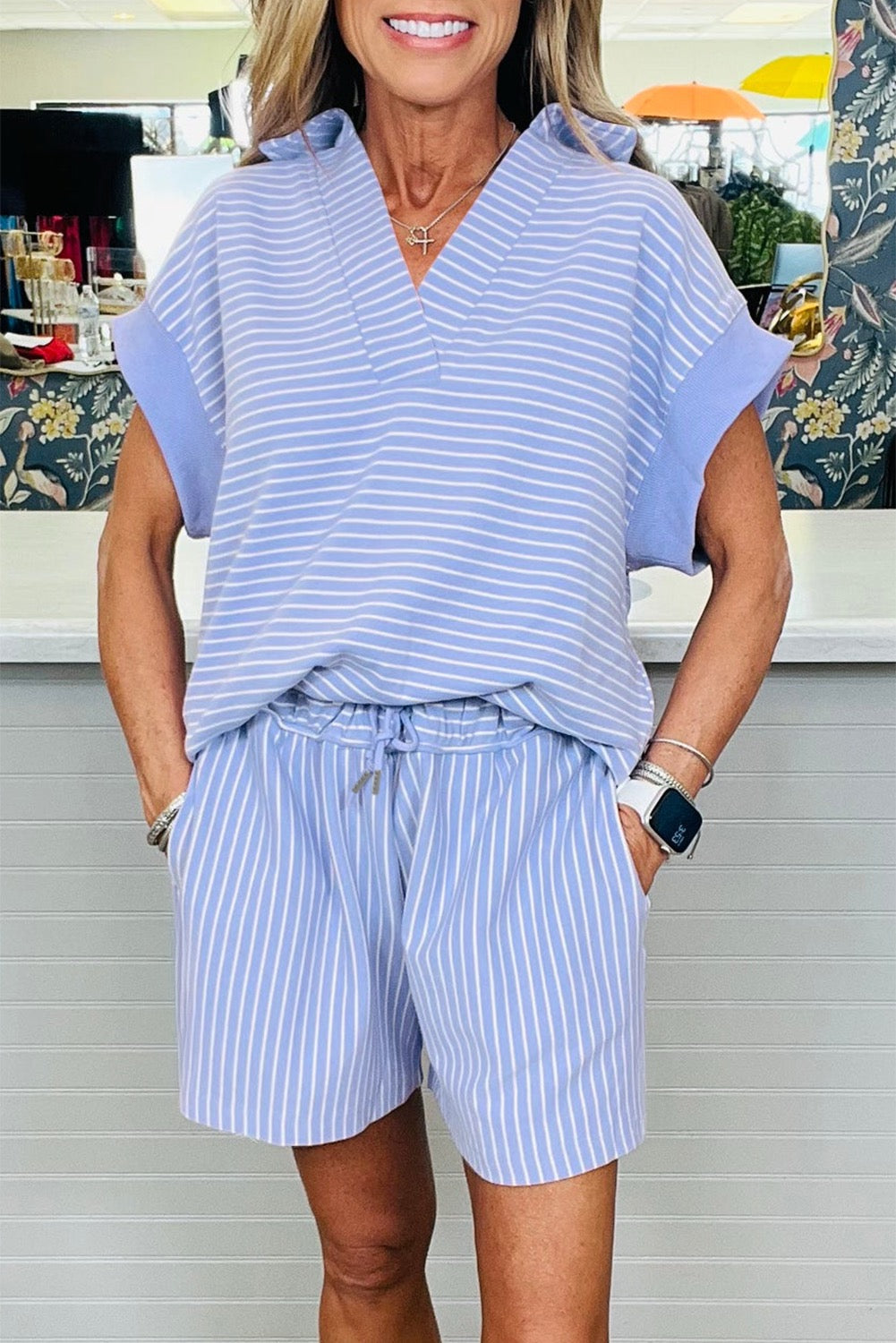 Sky blue Stripe Dolman Sleeve Polo Shirt and Drawstring Shorts Set