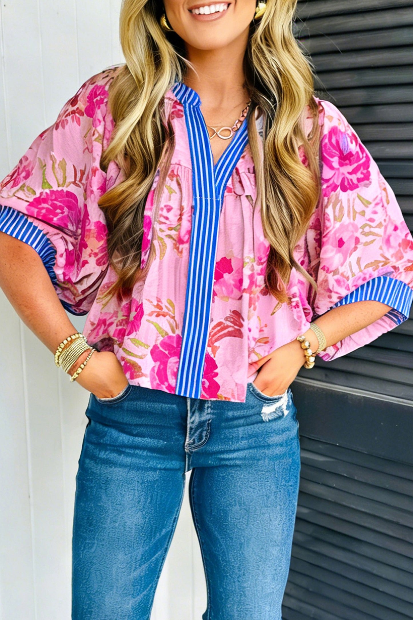 Floral V-Neck HAlf Sleeve Blouse