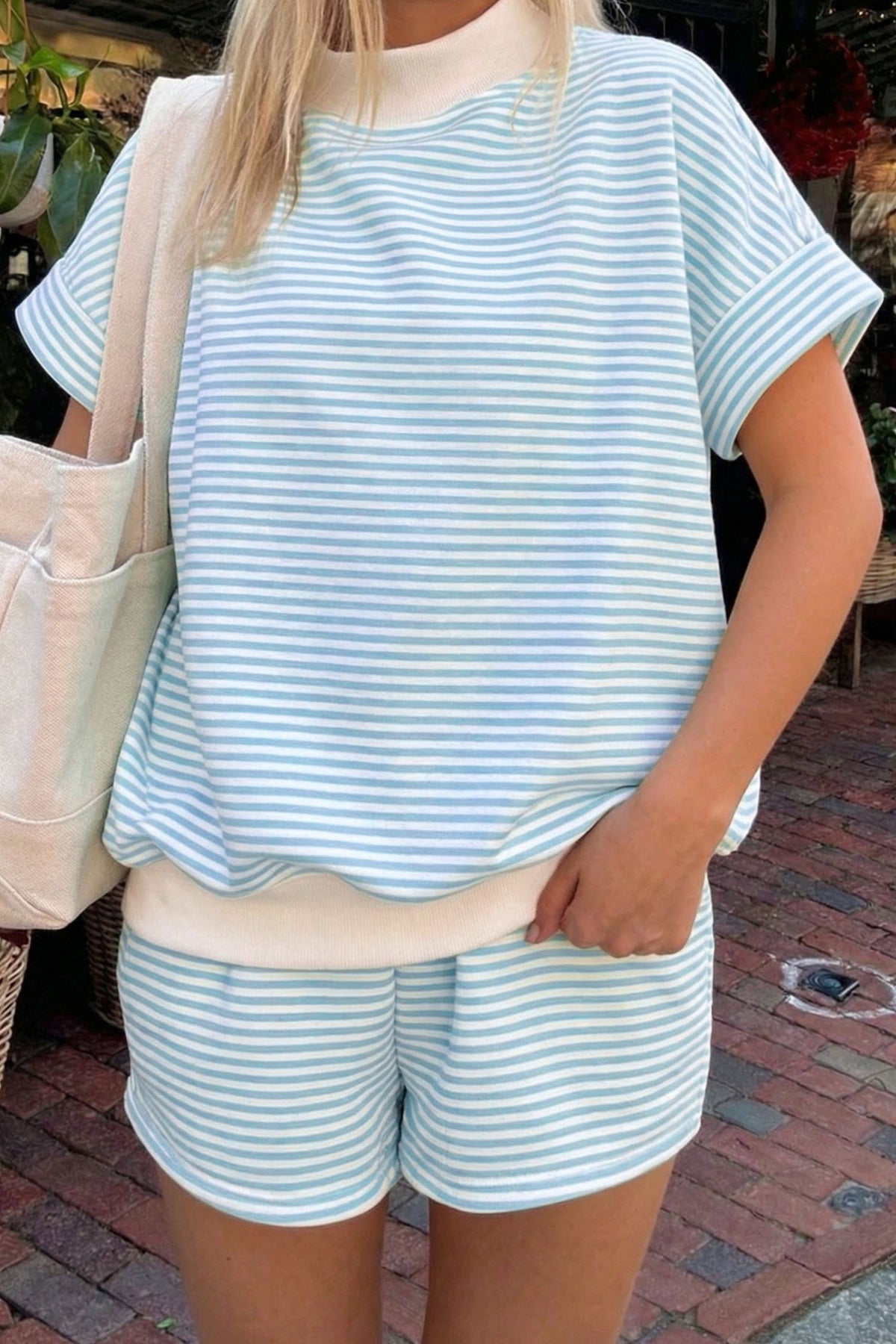 Sky Blue Mock neck Stripe Set