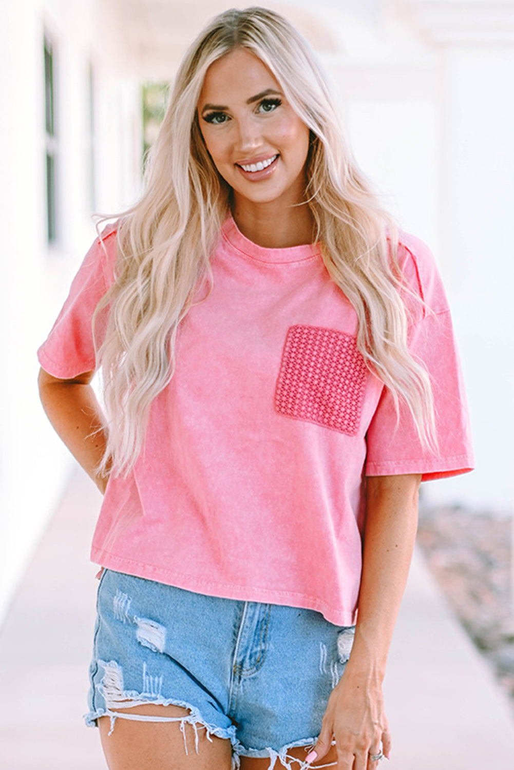 PINK ACID WASH LACE PATCH POCKET TEE