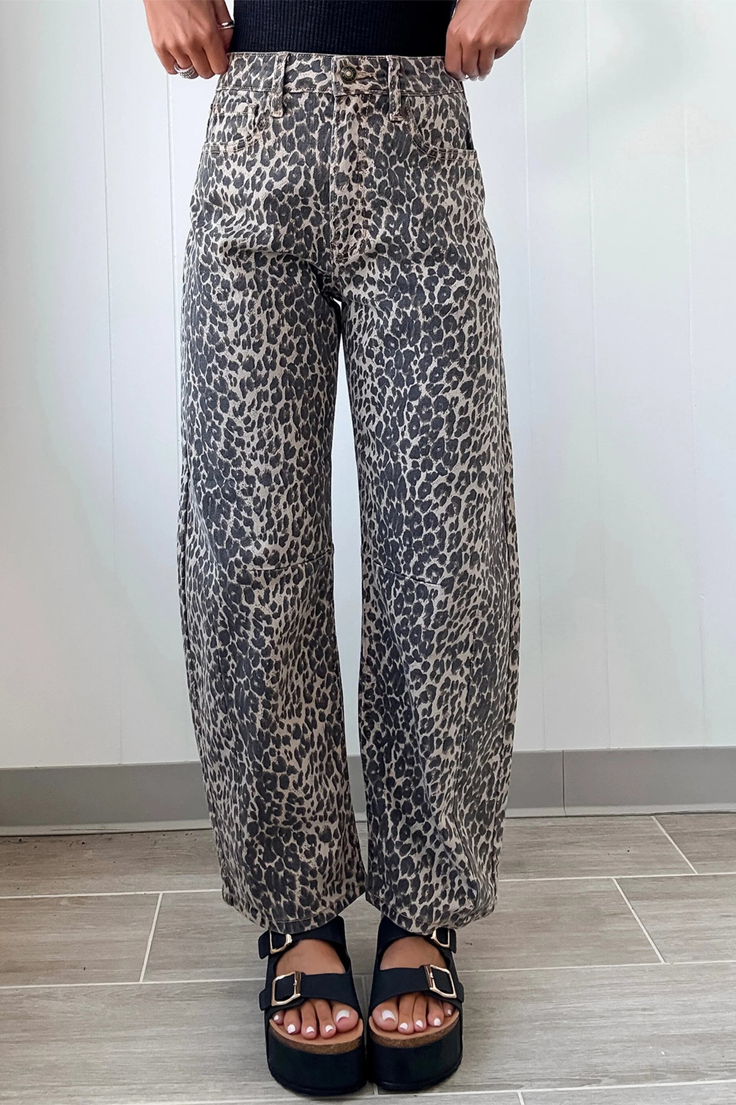 Black Leopard Print High Wasted Barrel Jeans