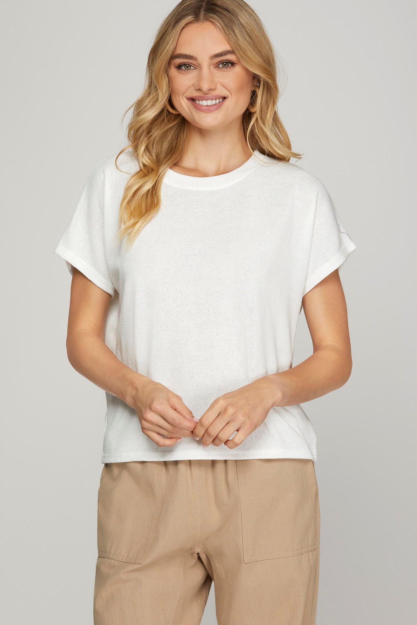 Drop Sleeve Round Neck Knit Top Off White