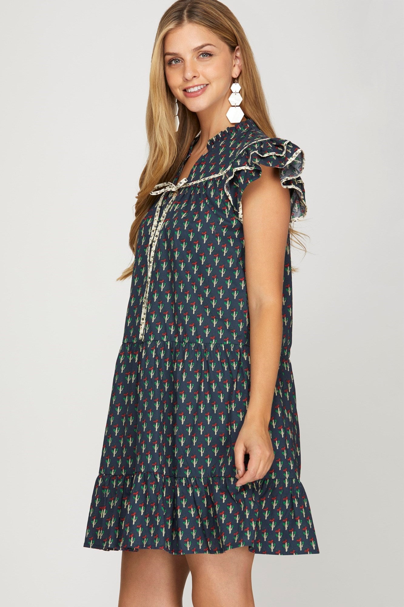 Ruffle Sleeve Contrast Piping Side Floral Print NavyDress