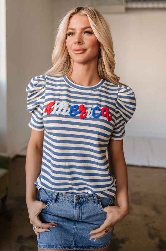 Blue Stripe America Cursive Graphic Puff Sleeve T Shirt