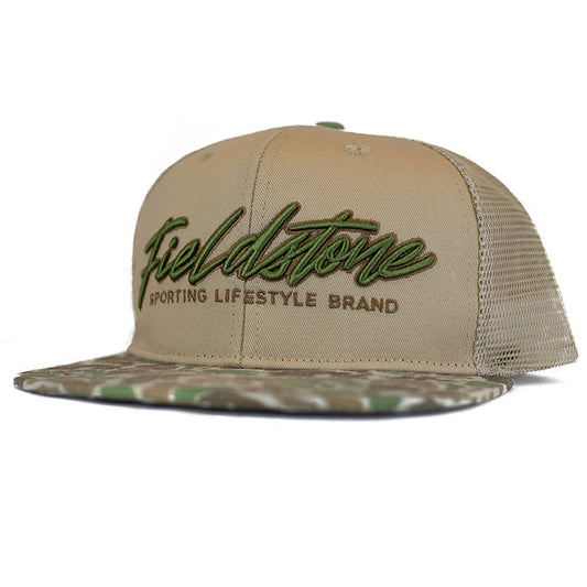 Fieldstone 6 Pannel Script Logo Bill Hat| Camo/Tan