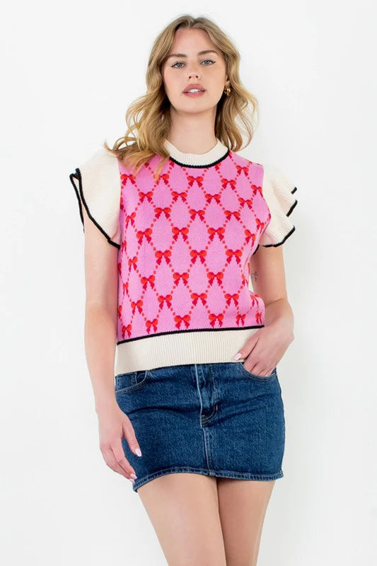THML Flutter Sleeve Bow Knit Women’s Top