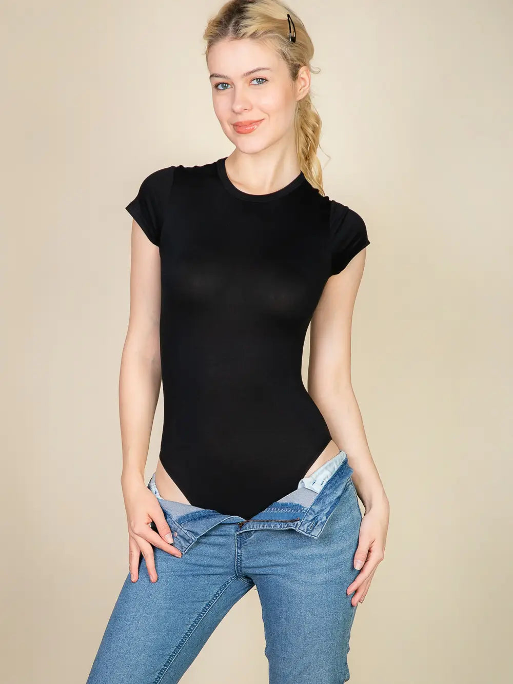 Black Short Sleeve Crew Neck Body Suit