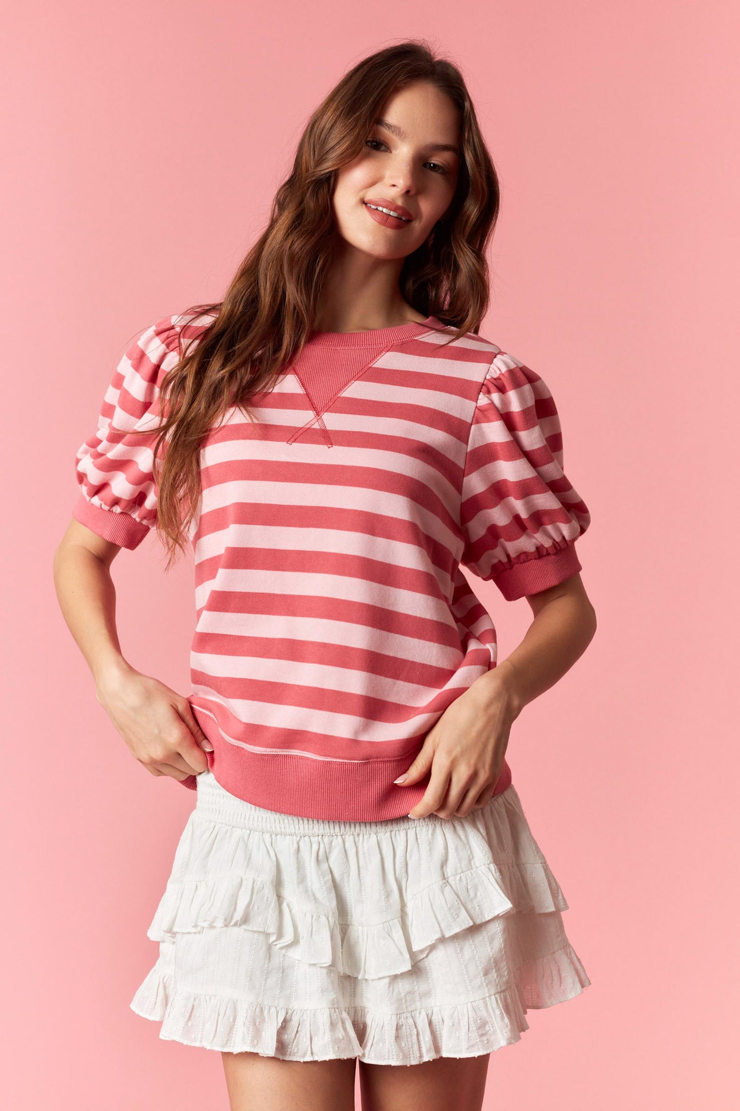 Pink Stripe V Neck Shape Top
