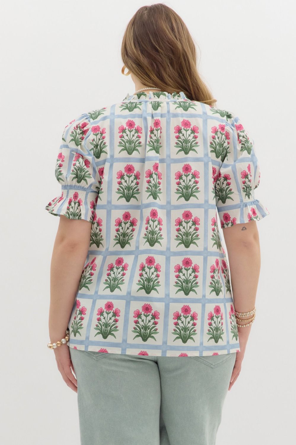 Pink Floral Pattern Puff Sleeve Blouse