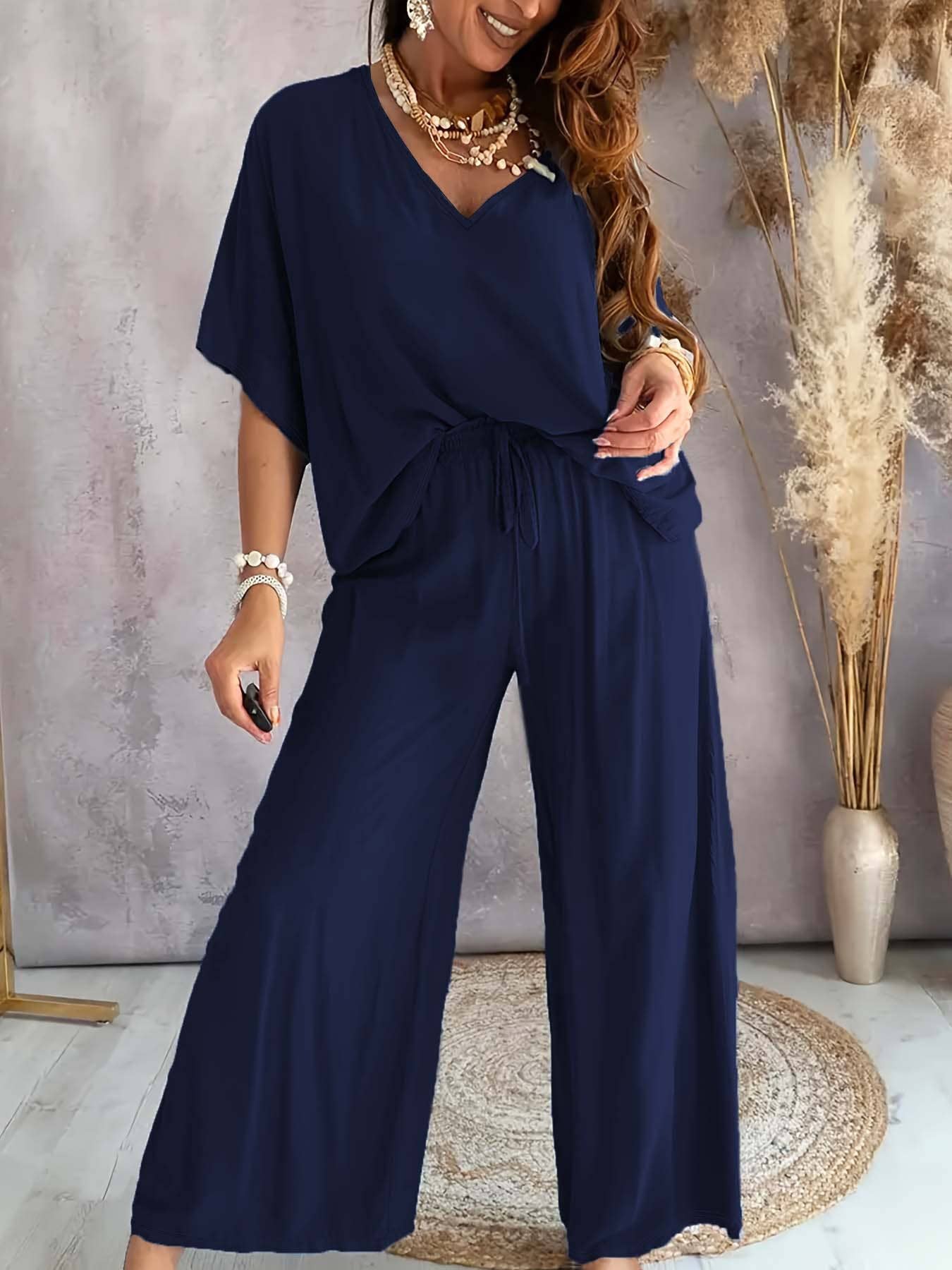 Lazy batwing top & pants wide-leg pants set 2pcs loungewear: