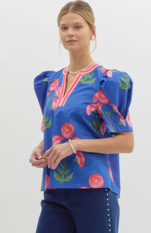 Blue puff sleeve floral blouse