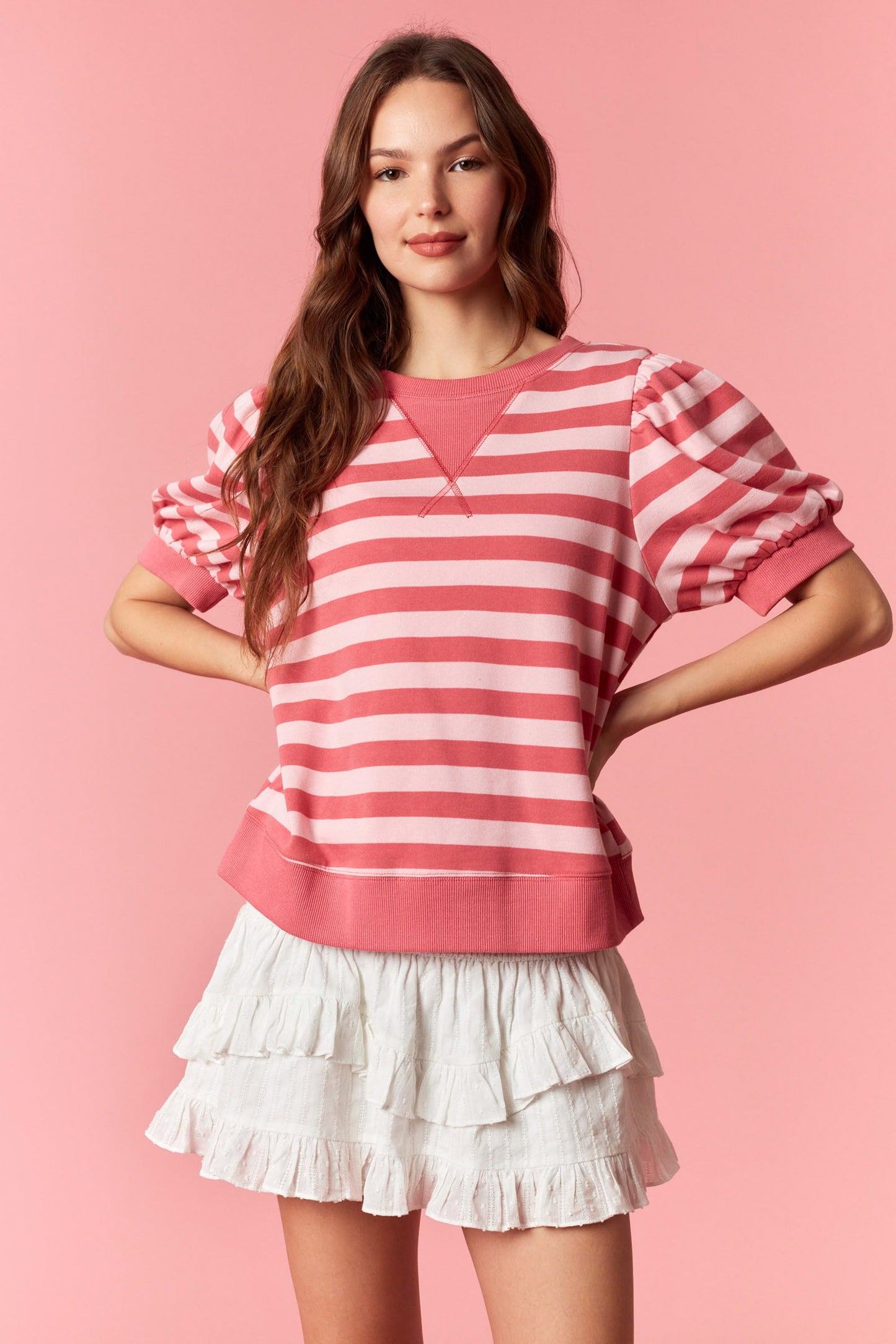 Pink Stripe V Neck Shape Top