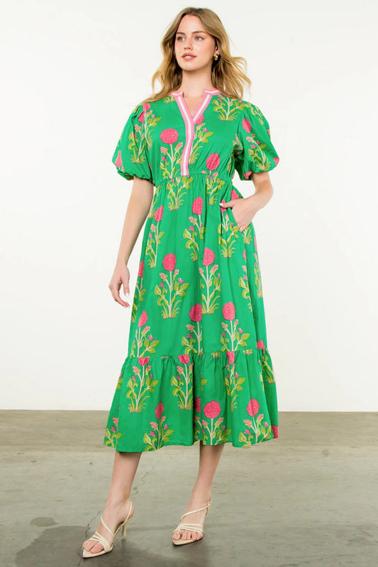 THML Puff Sleeve Flower Print Women’s Maxi Dress