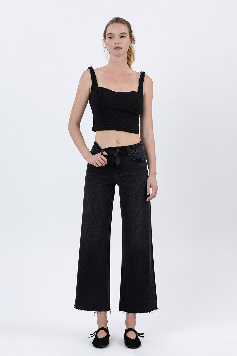 High Rise Raw Hem Ankle Wide Jeans